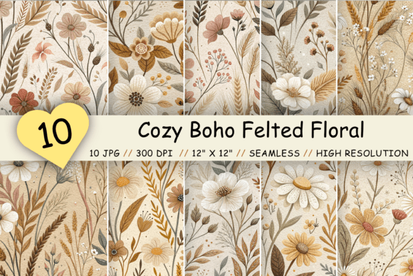 Cozy Boho Felted Floral Seamless Pattern
