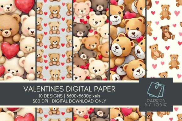 Valentines Bear Pattern Digital Paper for Creative Projects
