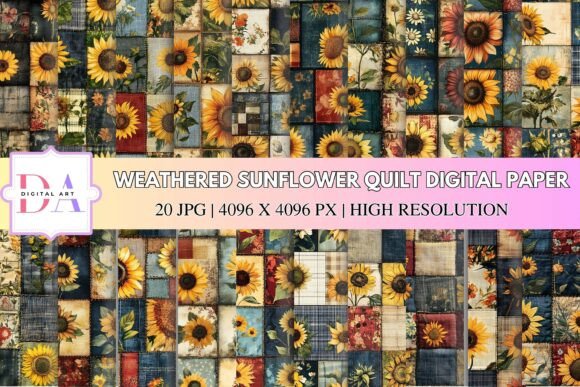 Weathered Sunflower Quilt Digital Paper